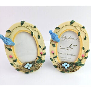 Vintage Set Of 2 Lady Jayne Mini Picture Bird and Nest Oval Frame Floral 4.25 in